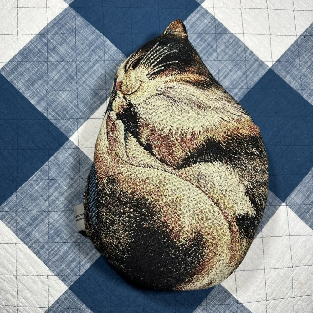 VTG Sleeping Curled Up Cat Decorative Pillow Pat Cockrell Woven Tapestry